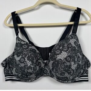 Cacique 46C Bra Black Floral Lace Lightly Lined Full Coverage Stripe Band Sporty
